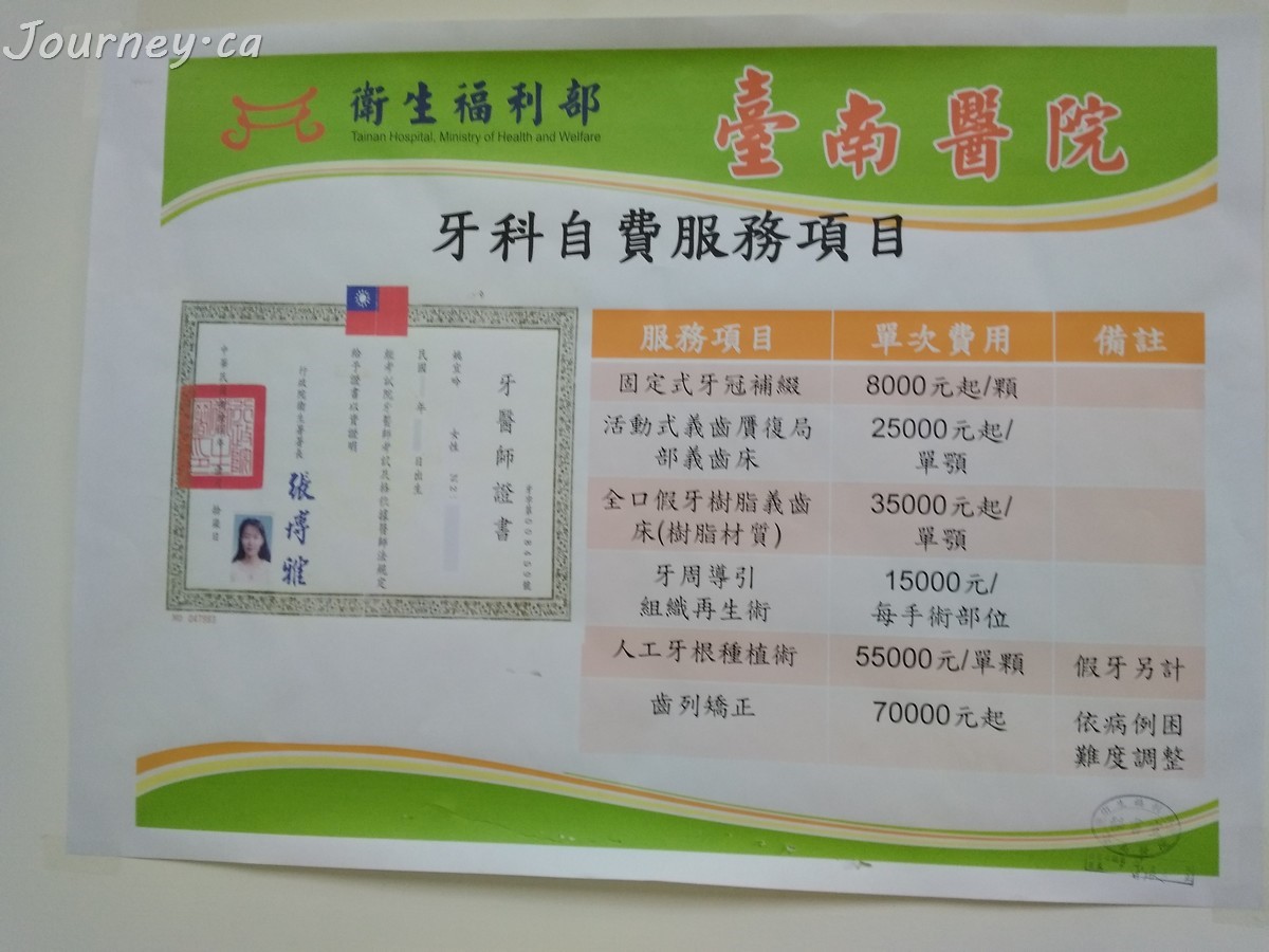 台南医院牙科自费服务项目价目表