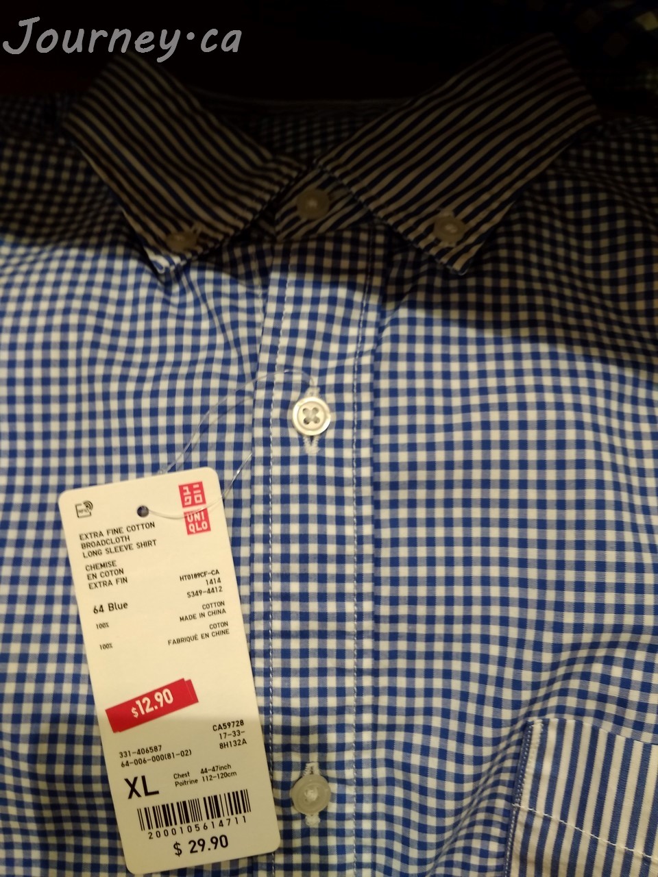 优衣库衬衣12.9加元