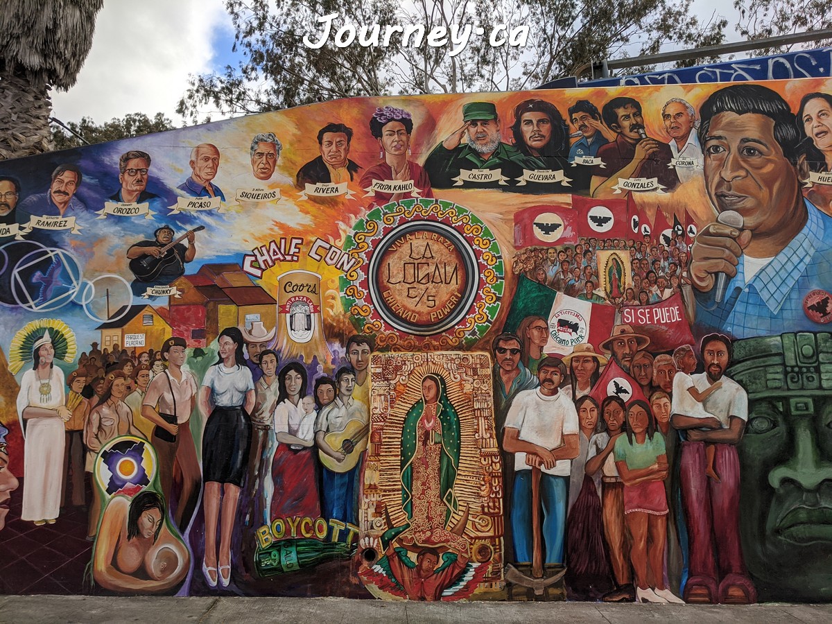 Mural in Chicano Park, San Diego depicting Virgin of Guadalupe among people